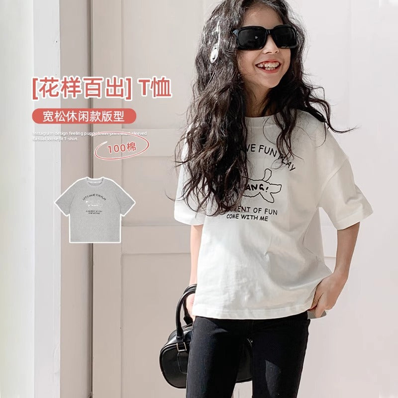 Girls' Short Sleeve T-Shirt Children's Basic Tee Printed Stylish Top for Kids