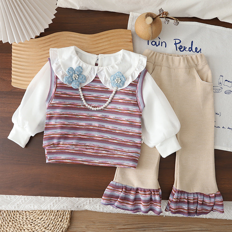 Baby striped vest long sleeved three piece set for children