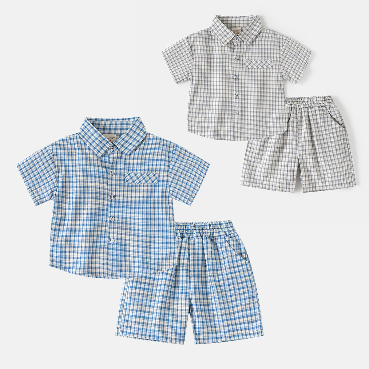 Short Sleeve Outfit Set, Stylish Checkered Shirt and Shorts Two-Piece Casual Kids