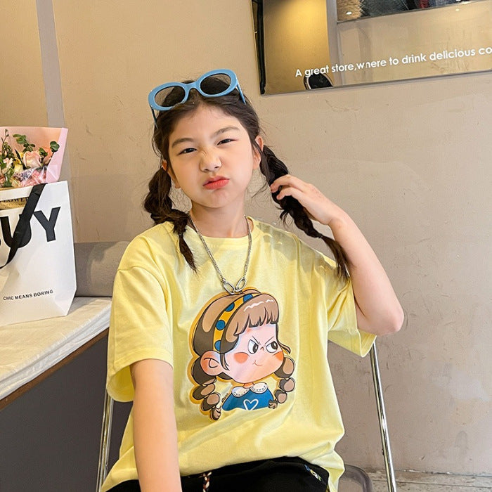 Cartoon Print Loose Short Sleeve T-Shirt for Girls, Casual Style, Kids' Clothing