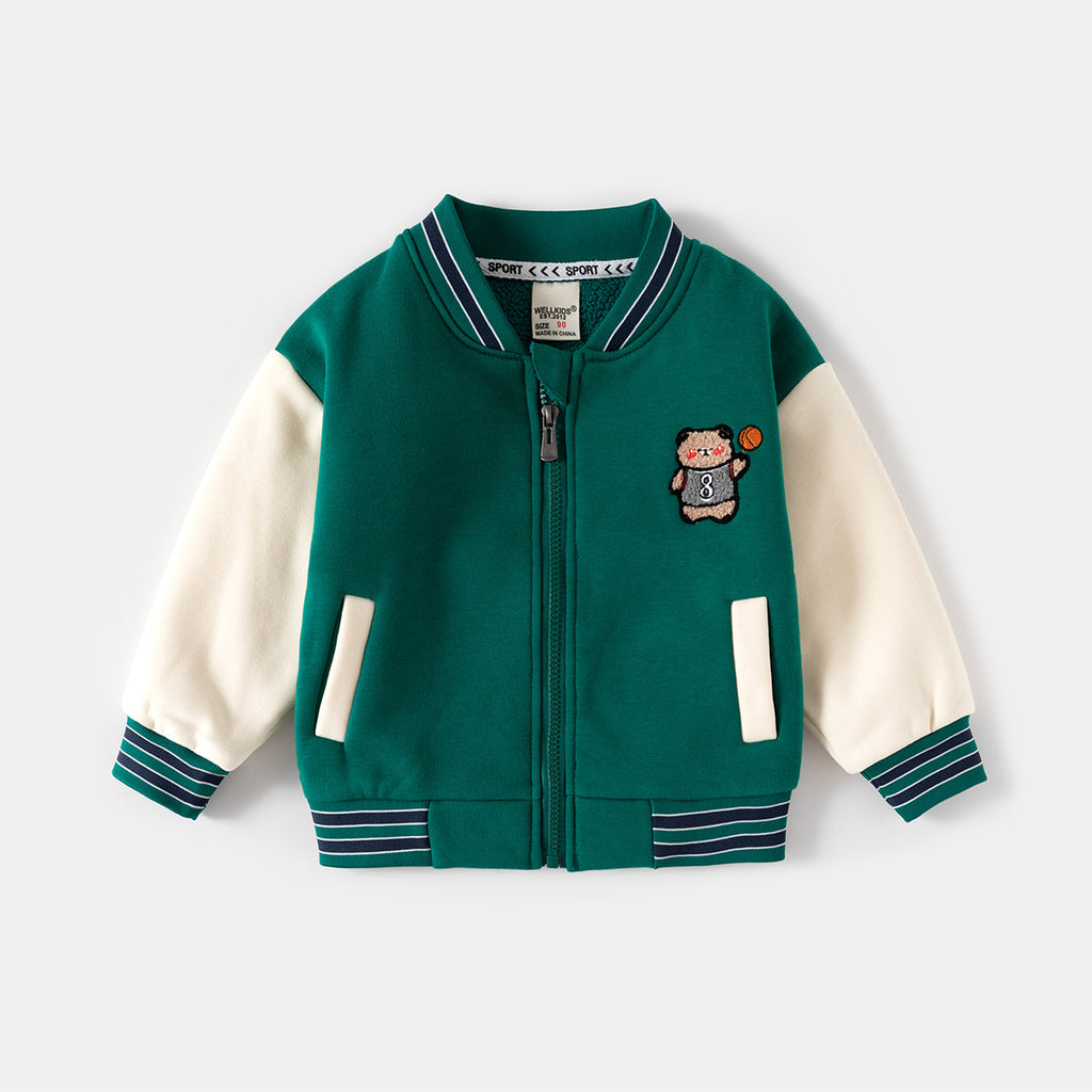 Casual Zip-Up Hoodie for Boys, Kids' Fleece-Lined Sweatshirt with Cartoon Embroidery Baseball Jacket