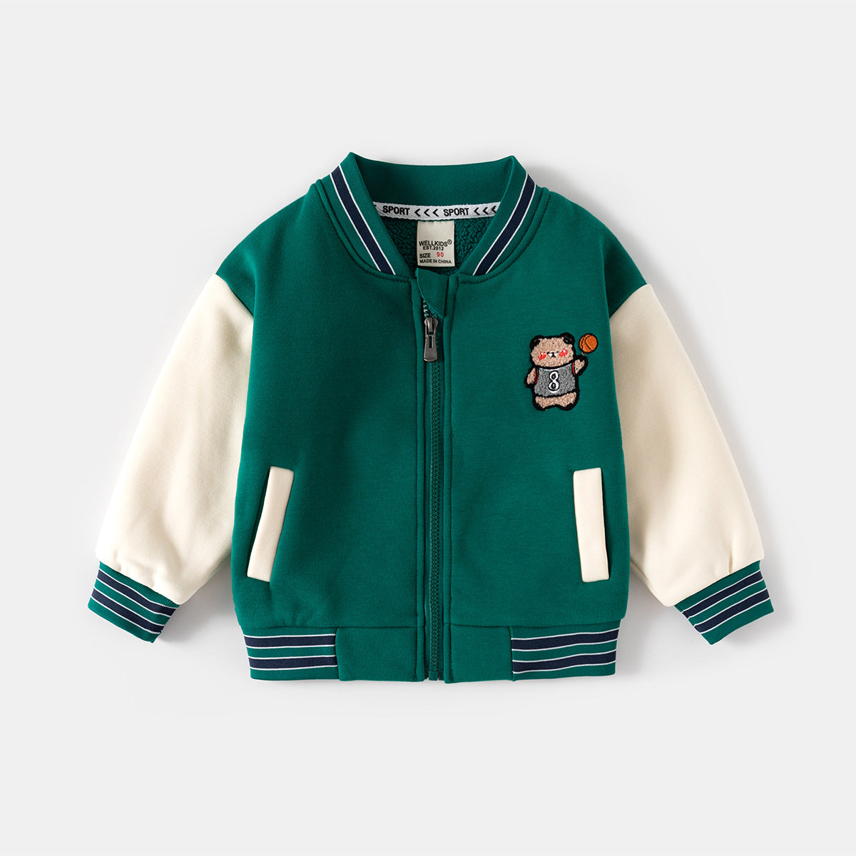 Casual Zip-Up Hoodie for Boys, Kids' Fleece-Lined Sweatshirt with Cartoon Embroidery Baseball Jacket