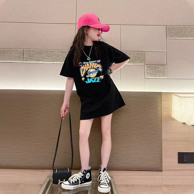 Girls'  Long T-Shirt Mid to Large Size Plus Size Short Sleeve Basketball Sport Dress