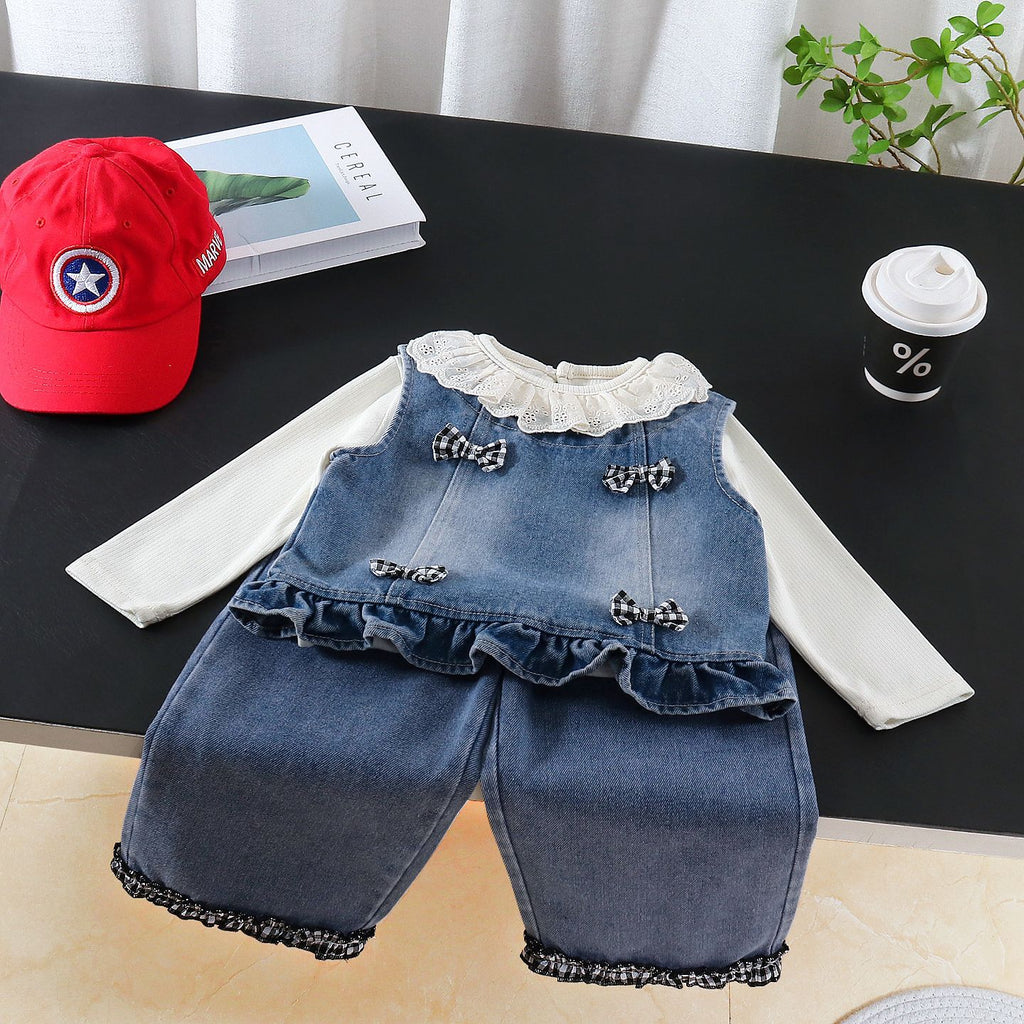 Spring outfit girl denim vest long sleeved three piece set