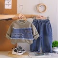 Splicing denim letter hoodie spring long sleeved two-piece set