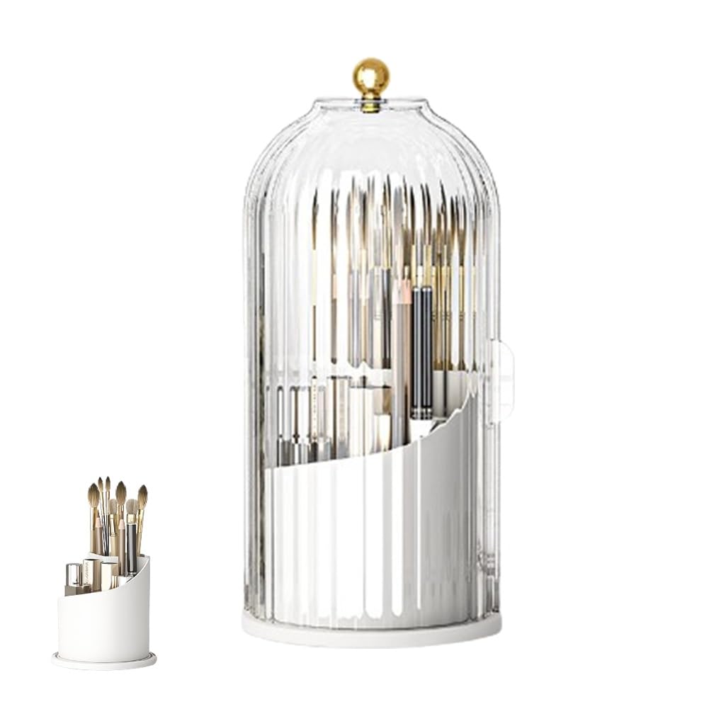 Concealed Toothbrush Holder & Makeup Brush Organizer - 360 Rotating Bathroom Counter Organizer (Transparent White)