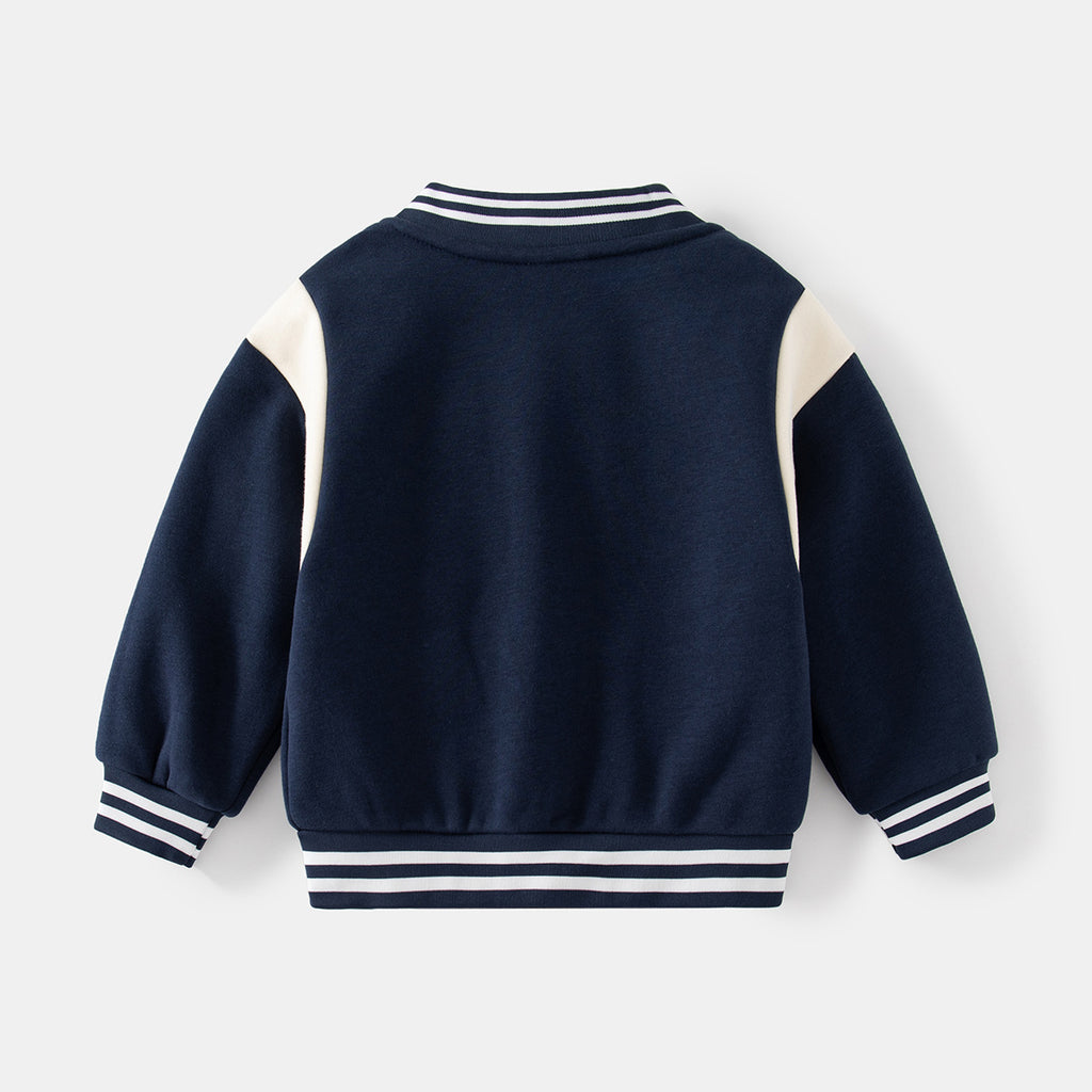 Fleece-Lined Round Neck Baseball Jacket, Letter Long Sleeve Color-Block Striped Warm Outerwear