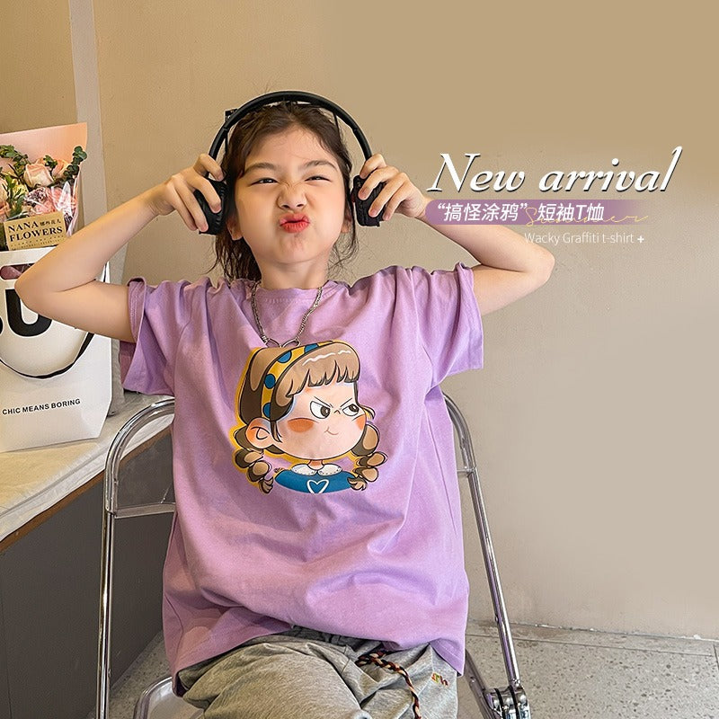 Cartoon Print Loose Short Sleeve T-Shirt for Girls, Casual Style, Kids' Clothing