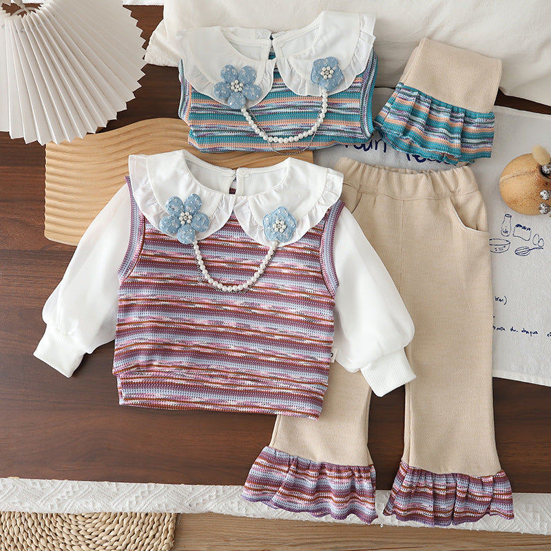 Baby striped vest long sleeved three piece set for children