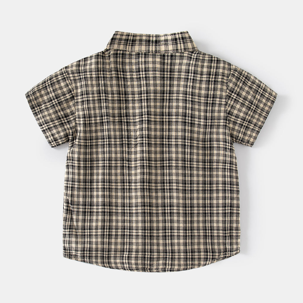 Casual Plaid Short Sleeve Shirt for Boys with Stand Collar