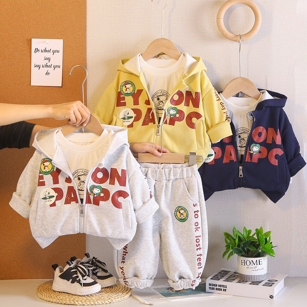 Hooded long sleeved three piece set for infants and children