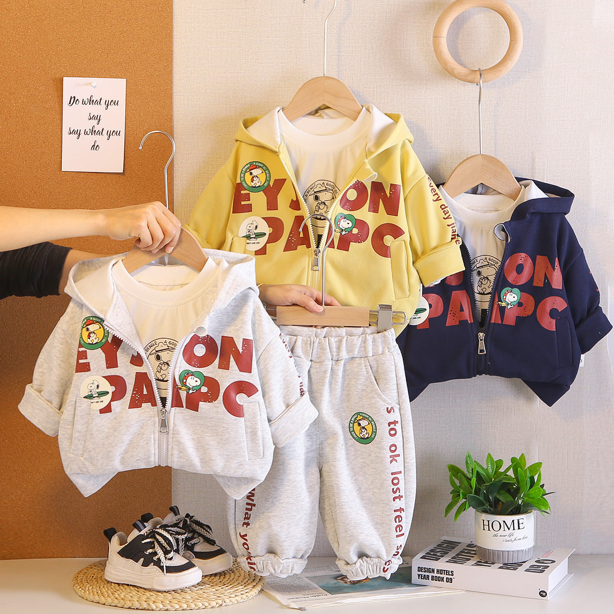 Hooded long sleeved three piece set for infants and children