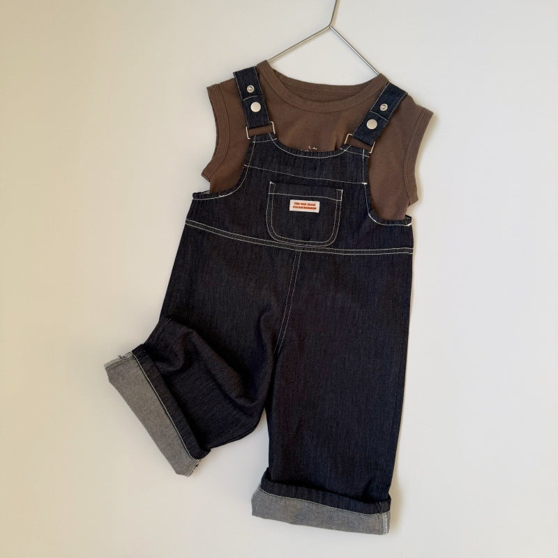 Labeling denim overalls