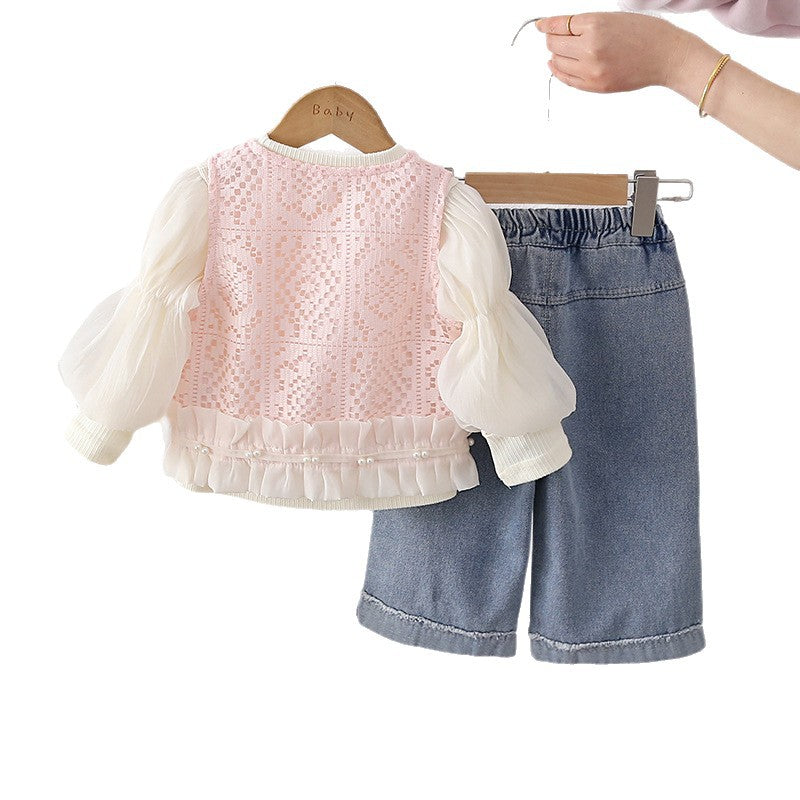 Female baby hollow cardigan vest long sleeved three piece set