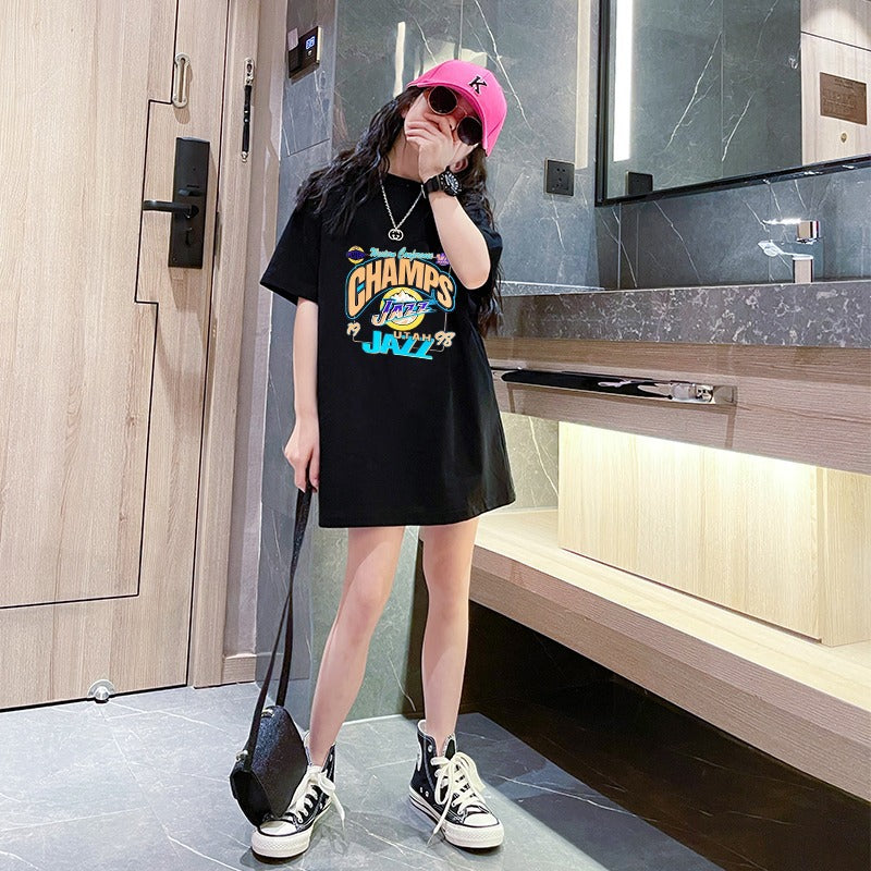 Girls'  Long T-Shirt Mid to Large Size Plus Size Short Sleeve Basketball Sport Dress
