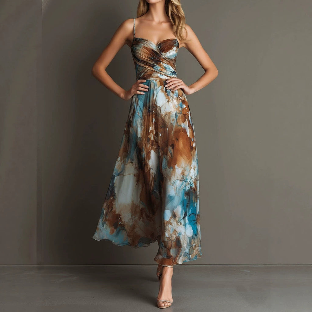 Fashionable Elegant Printed Dress with Sexy Straps, Waist-Cinching Flowy Beach Long Dress