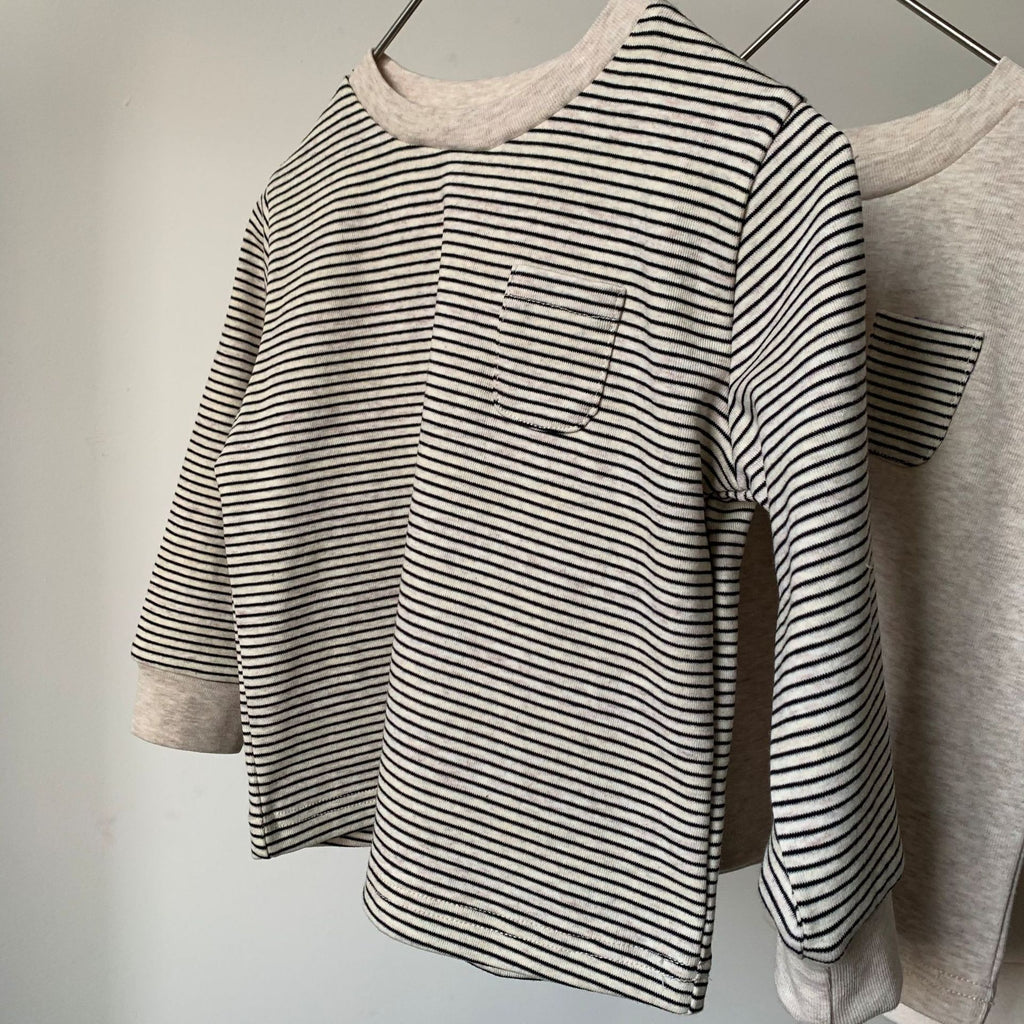 Striped color blocked pocket long sleeved T-shirt
