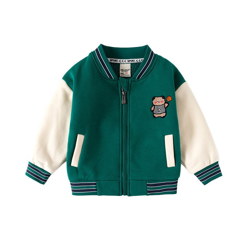 Casual Zip-Up Hoodie for Boys, Kids' Fleece-Lined Sweatshirt with Cartoon Embroidery Baseball Jacket