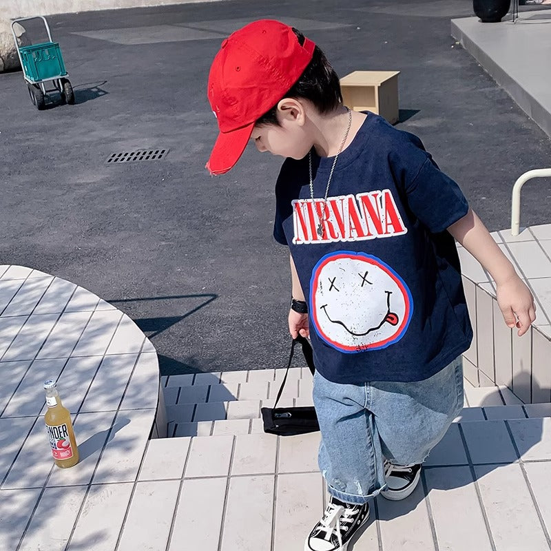 Children's Clothes Boy Cartoon Smile Print Cool Short Sleeve T-Shirt