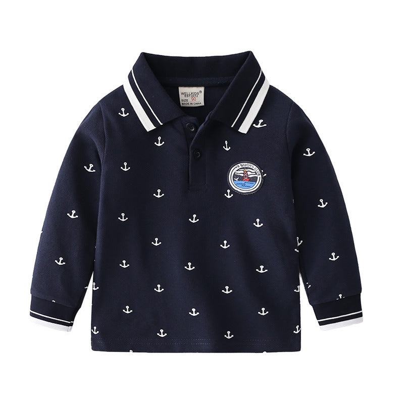 Blue and White Collar Cool Trendy Cute Daily School Boy Long Sleeve Shirt