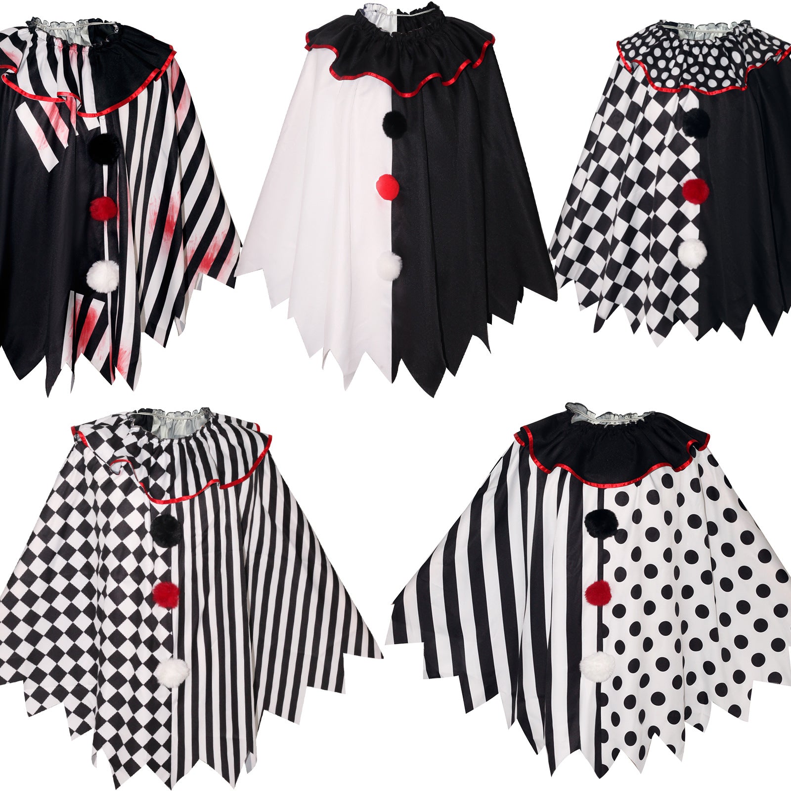 Horror Clown Cosplay Costume Halloween Women's Black and White Cape Masquerade Adult Cosplay Role Play Costume