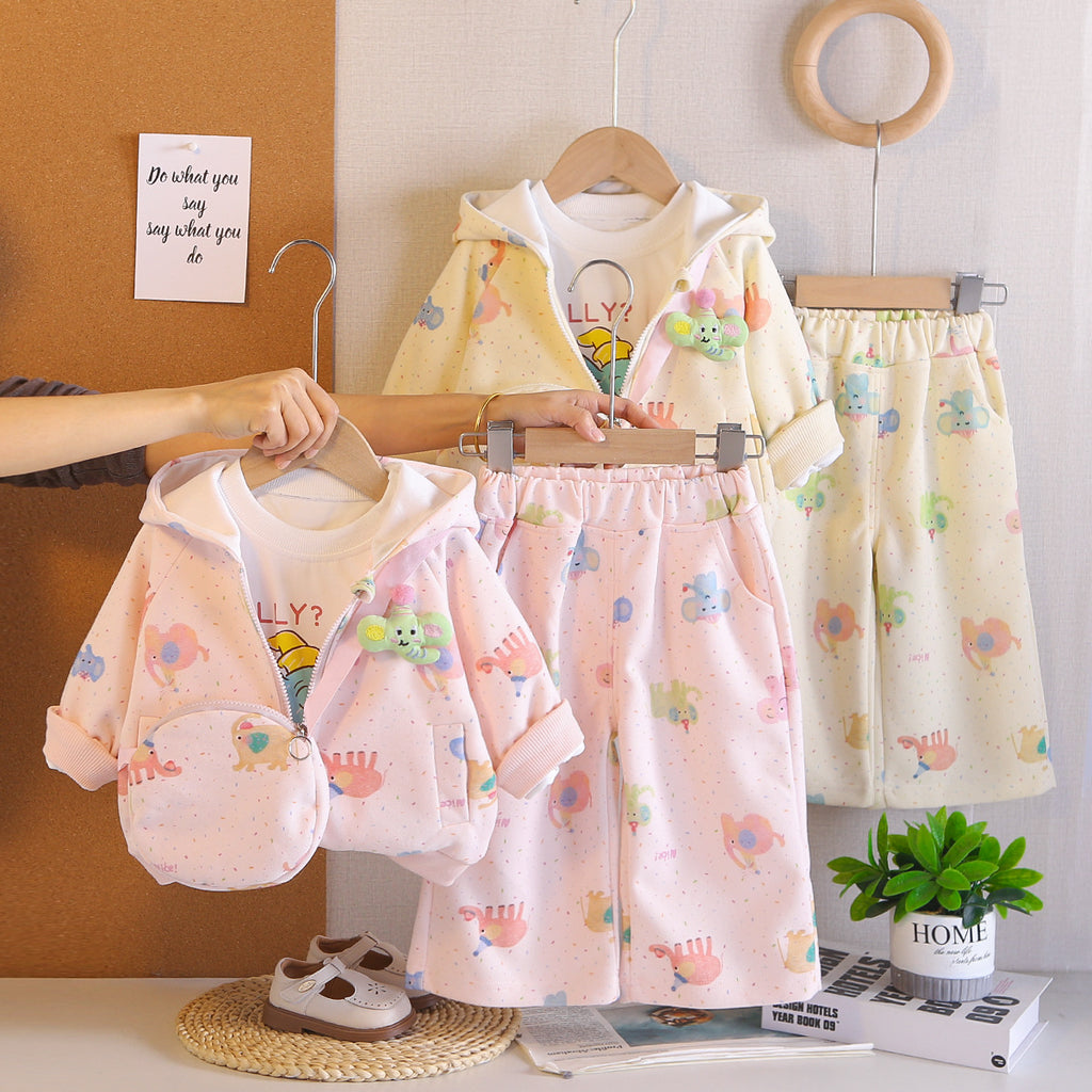 Cartoon hooded long sleeved three piece set