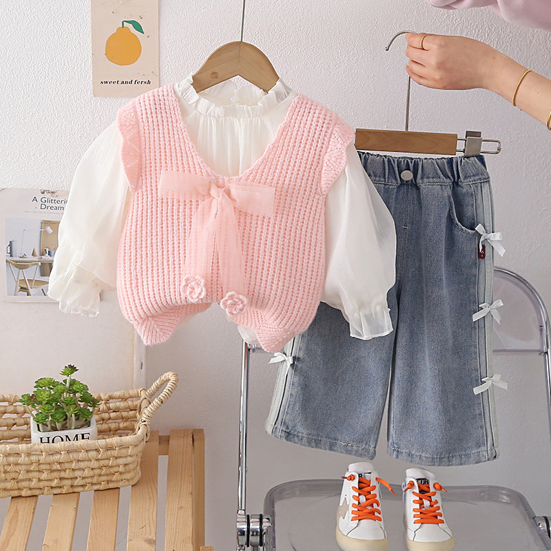 Sweater vest three piece set for baby and children's spring and autumn clothing