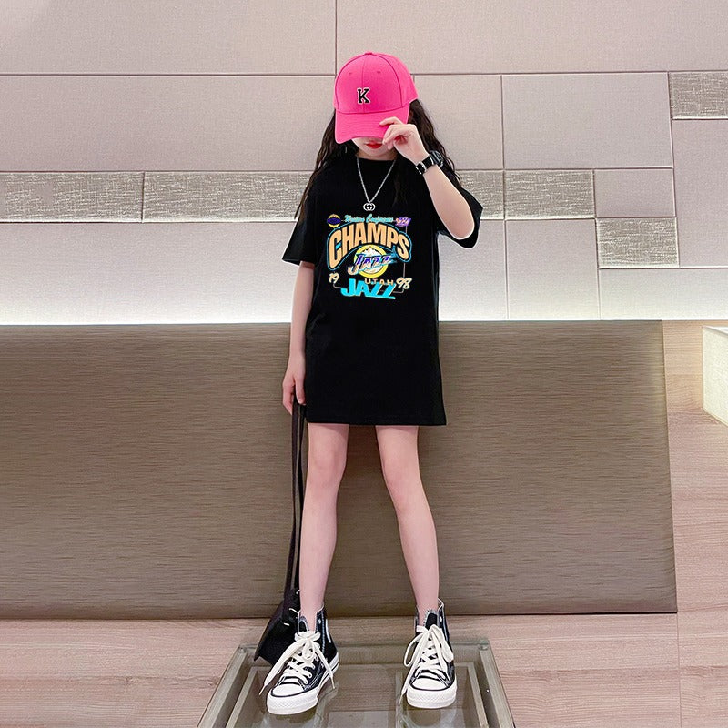 Girls'  Long T-Shirt Mid to Large Size Plus Size Short Sleeve Basketball Sport Dress
