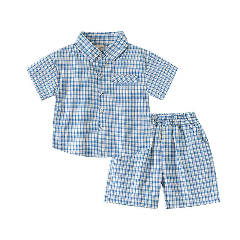 Short Sleeve Outfit Set, Stylish Checkered Shirt and Shorts Two-Piece Casual Kids