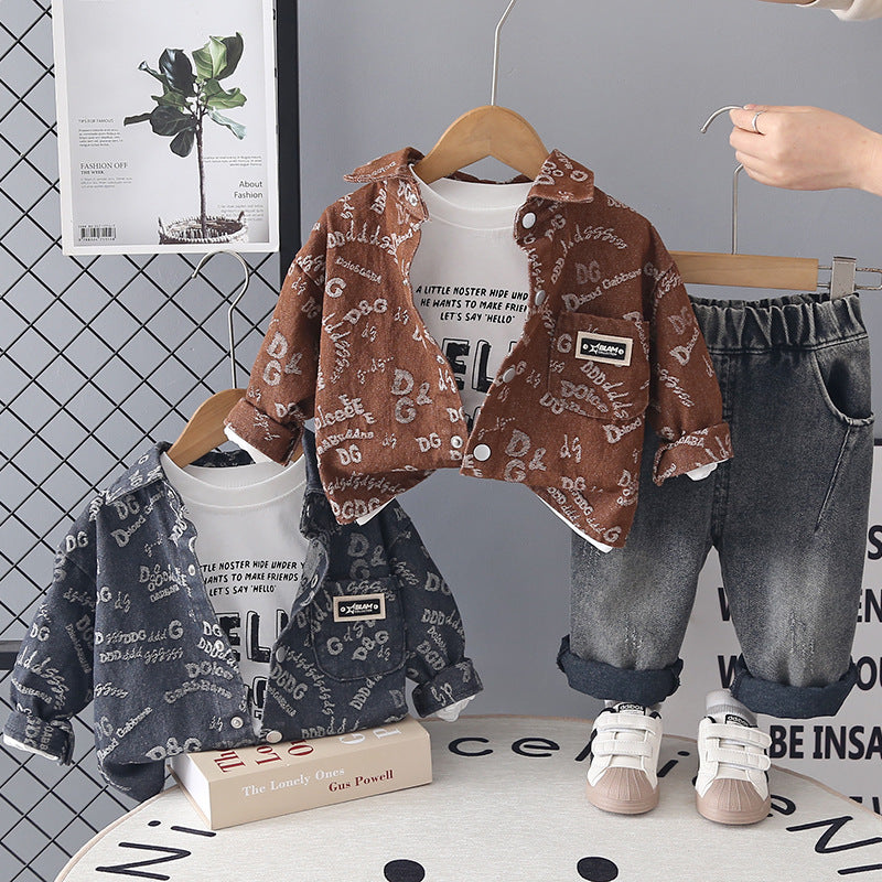 Jacquard letter denim long sleeved three piece set