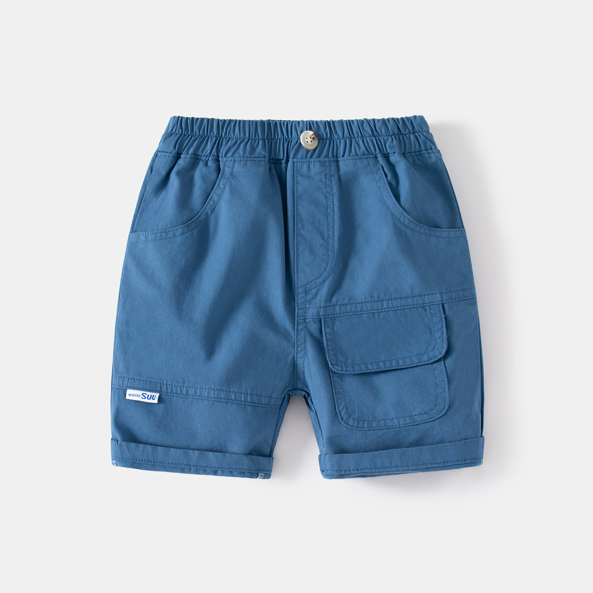 Casual Khaki Five-Point Pants with Large Pockets Faux Button Elastic Waistband Kids Sport Shorts