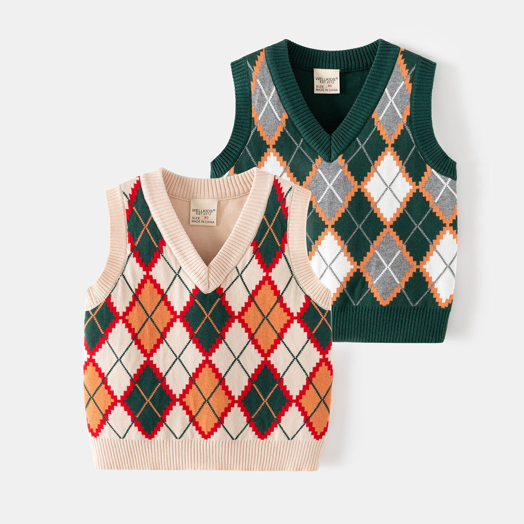 Casual Kids' Knit Vest for Boys, College Style, Plaid Pattern, Children's Clothing