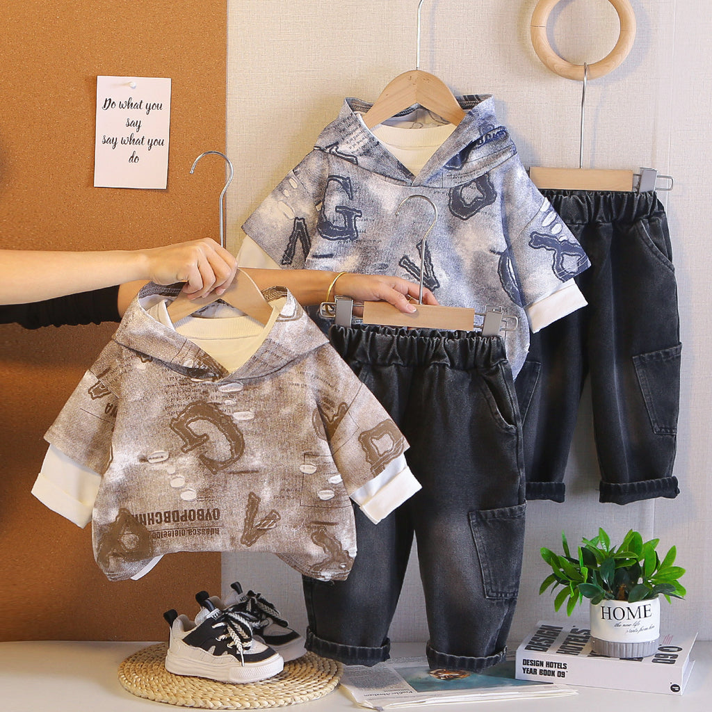 Letter hooded vest long sleeved three piece set for babies