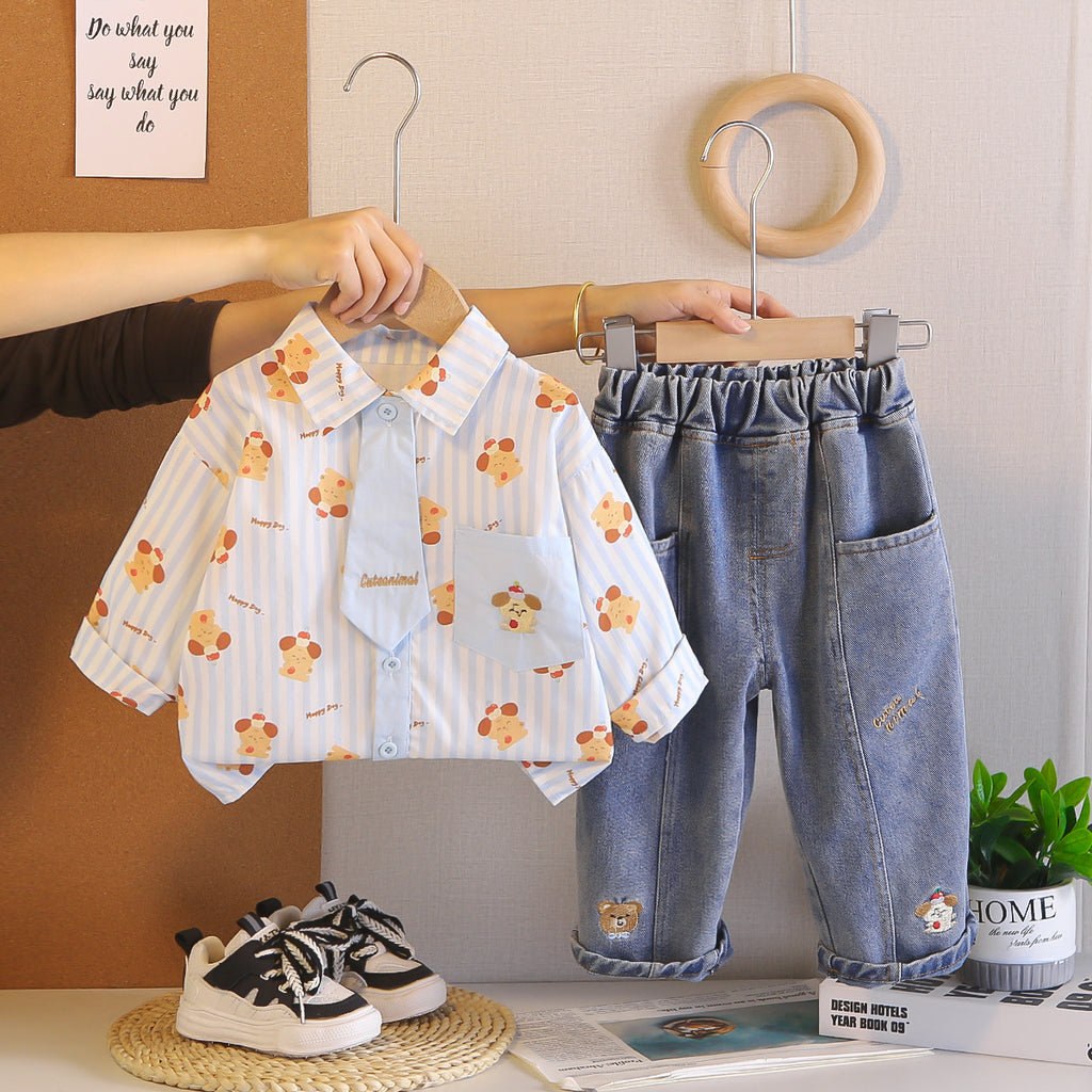 Cartoon tie shirt two-piece set