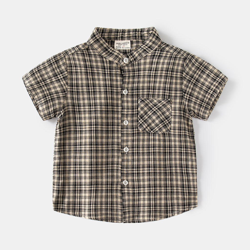 Casual Plaid Short Sleeve Shirt for Boys with Stand Collar