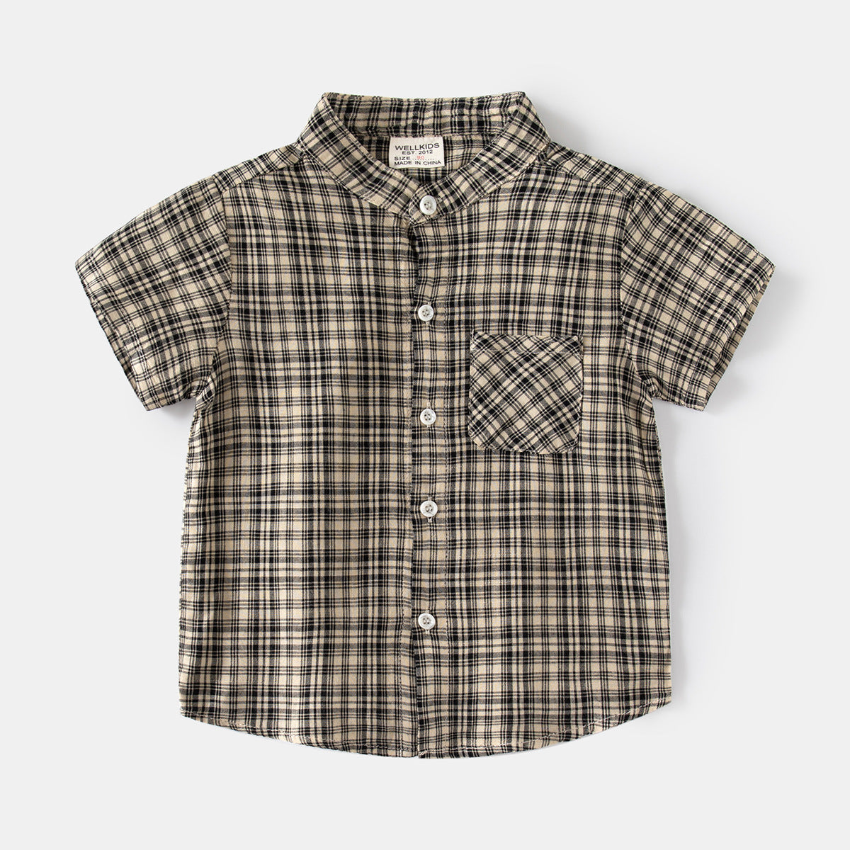 Casual Plaid Short Sleeve Shirt for Boys with Stand Collar