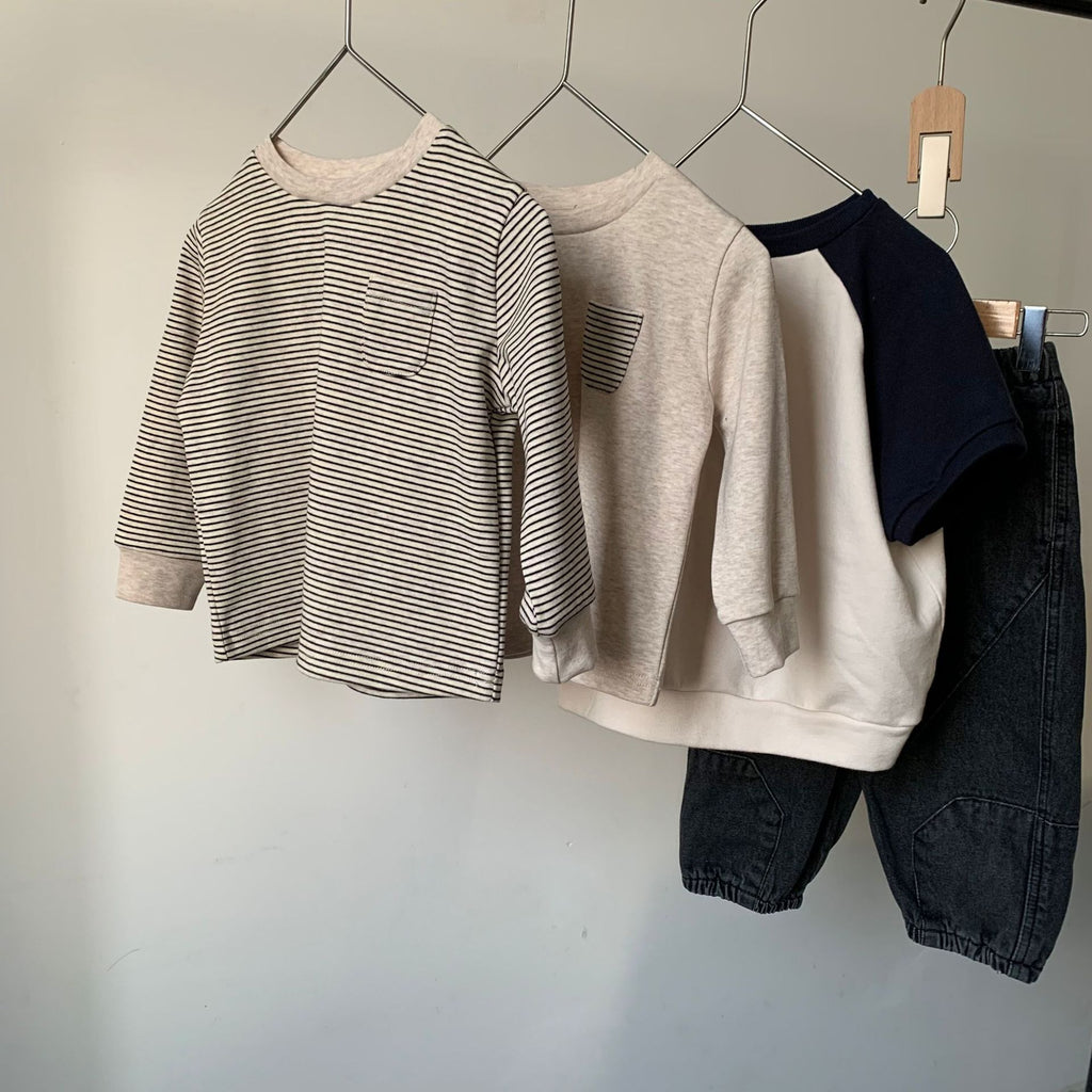 Striped color blocked pocket long sleeved T-shirt