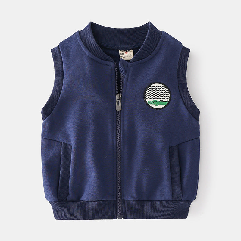 Street Style Solid Color Sleeveless Zipper Closure Slim Fit Children's Vest