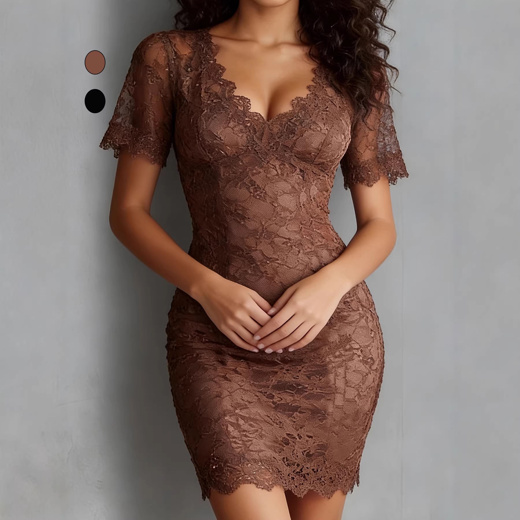Sexy V-Neck Lace Sheer Bodycon Dress, Fashion Fitted Slimming
