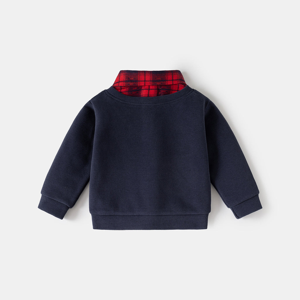 Boys' Faux Two-Piece Hoodie, Children's Shirt Collar Jacket, Baby V-Neck Top