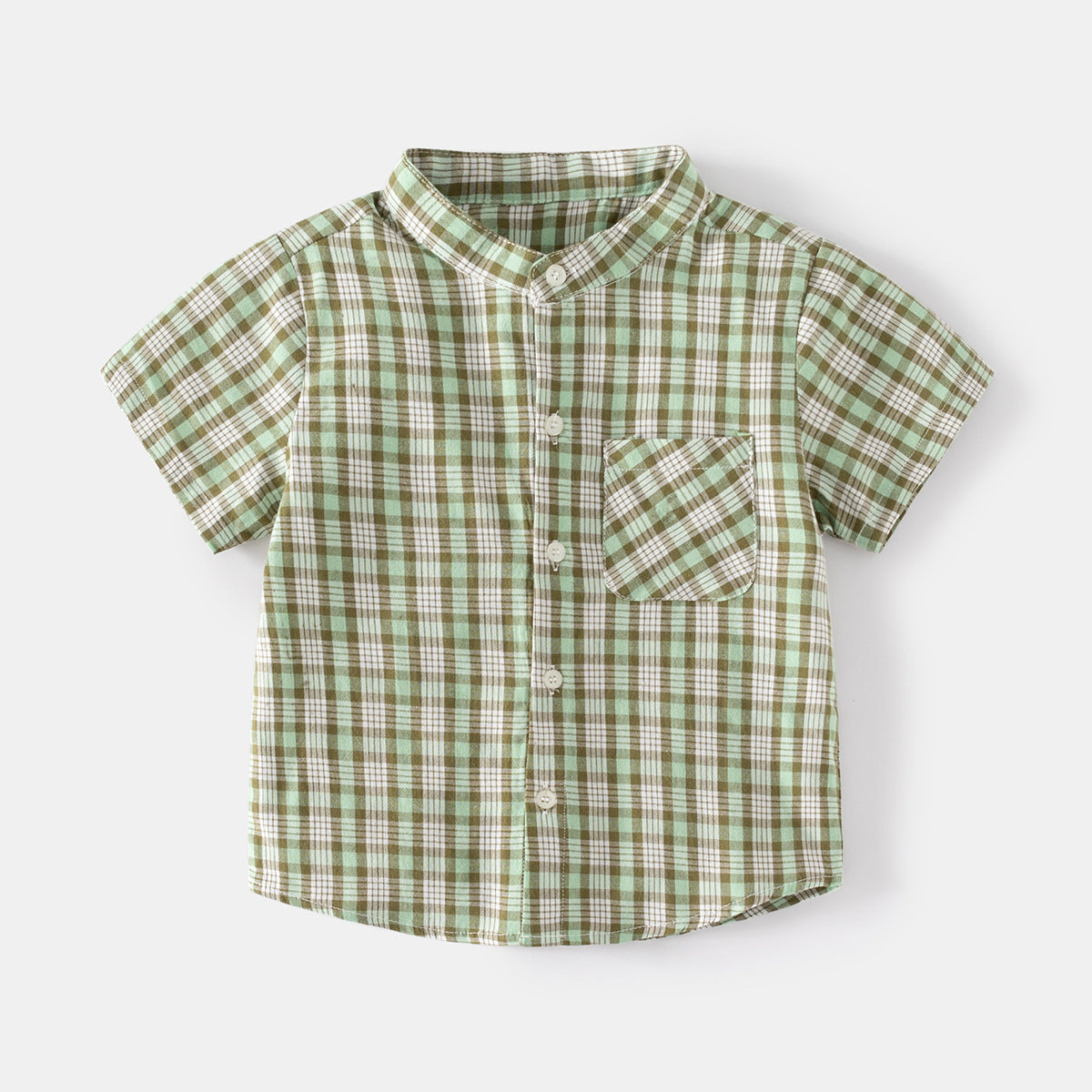 Coffee Grid Stand Collar Kids Short Sleeve Cool Outdoor Travel Casual Middle and Small Children Shirt