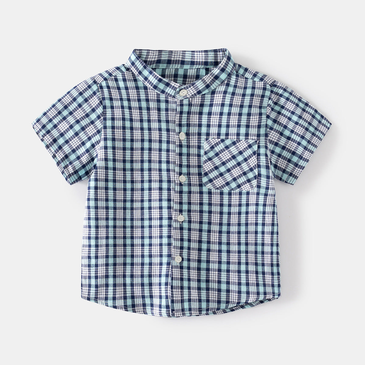 Coffee Grid Stand Collar Kids Short Sleeve Cool Outdoor Travel Casual Middle and Small Children Shirt