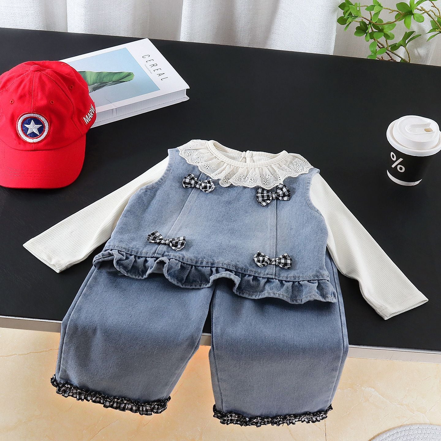 Spring outfit girl denim vest long sleeved three piece set