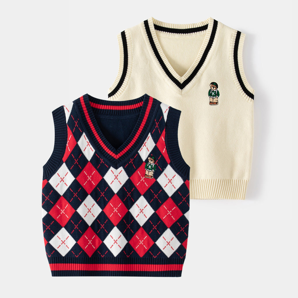 Casual Boy's Knit Vest Non-Hooded Middle and Small Kids Knit Vest Trendy Stylish Plaid Vest