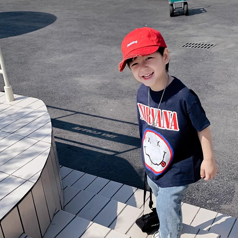 Children's Clothes Boy Cartoon Smile Print Cool Short Sleeve T-Shirt