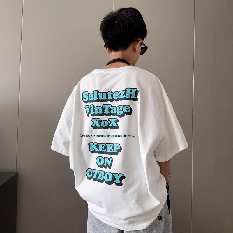 Short Sleeve T-Shirt for Boys with Blue Letter Print