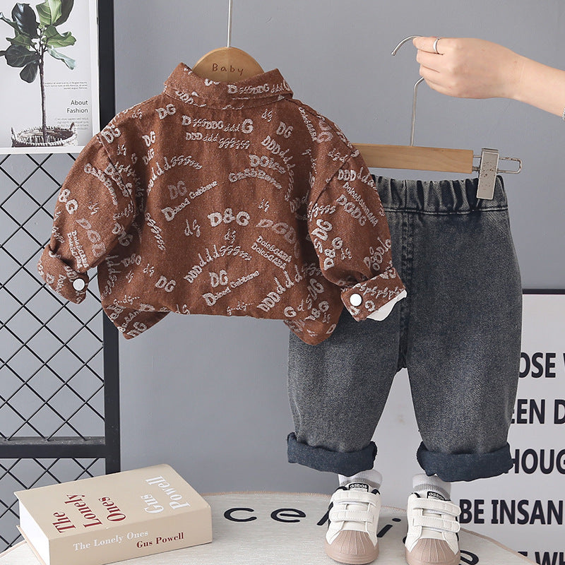 Jacquard letter denim long sleeved three piece set
