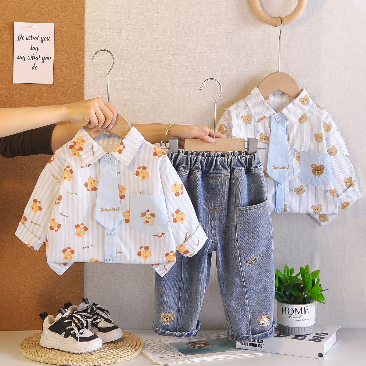 Cartoon tie shirt two-piece set
