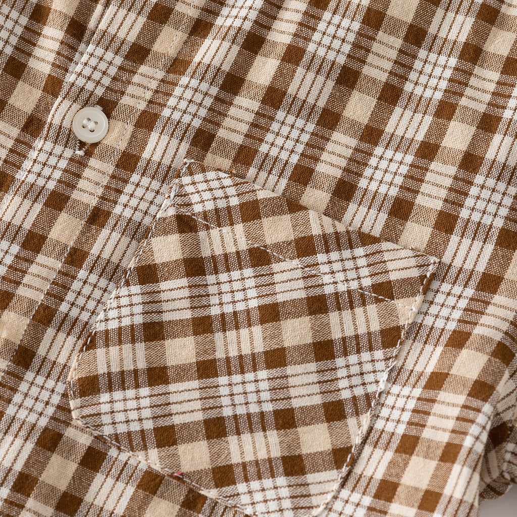 Coffee Grid Stand Collar Kids Short Sleeve Cool Outdoor Travel Casual Middle and Small Children Shirt