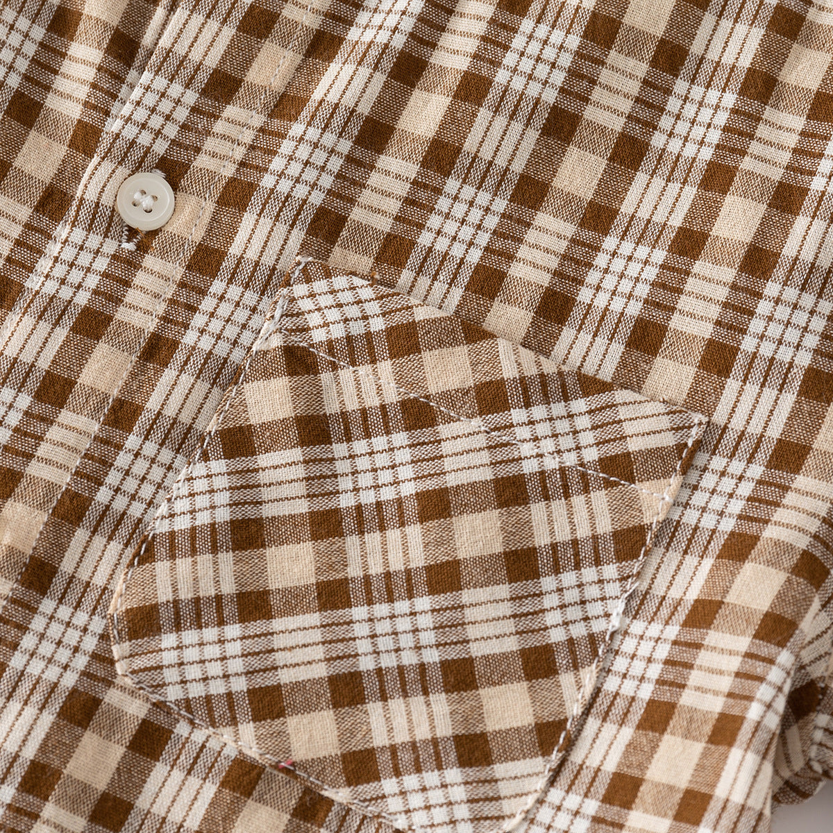 Coffee Grid Stand Collar Kids Short Sleeve Cool Outdoor Travel Casual Middle and Small Children Shirt
